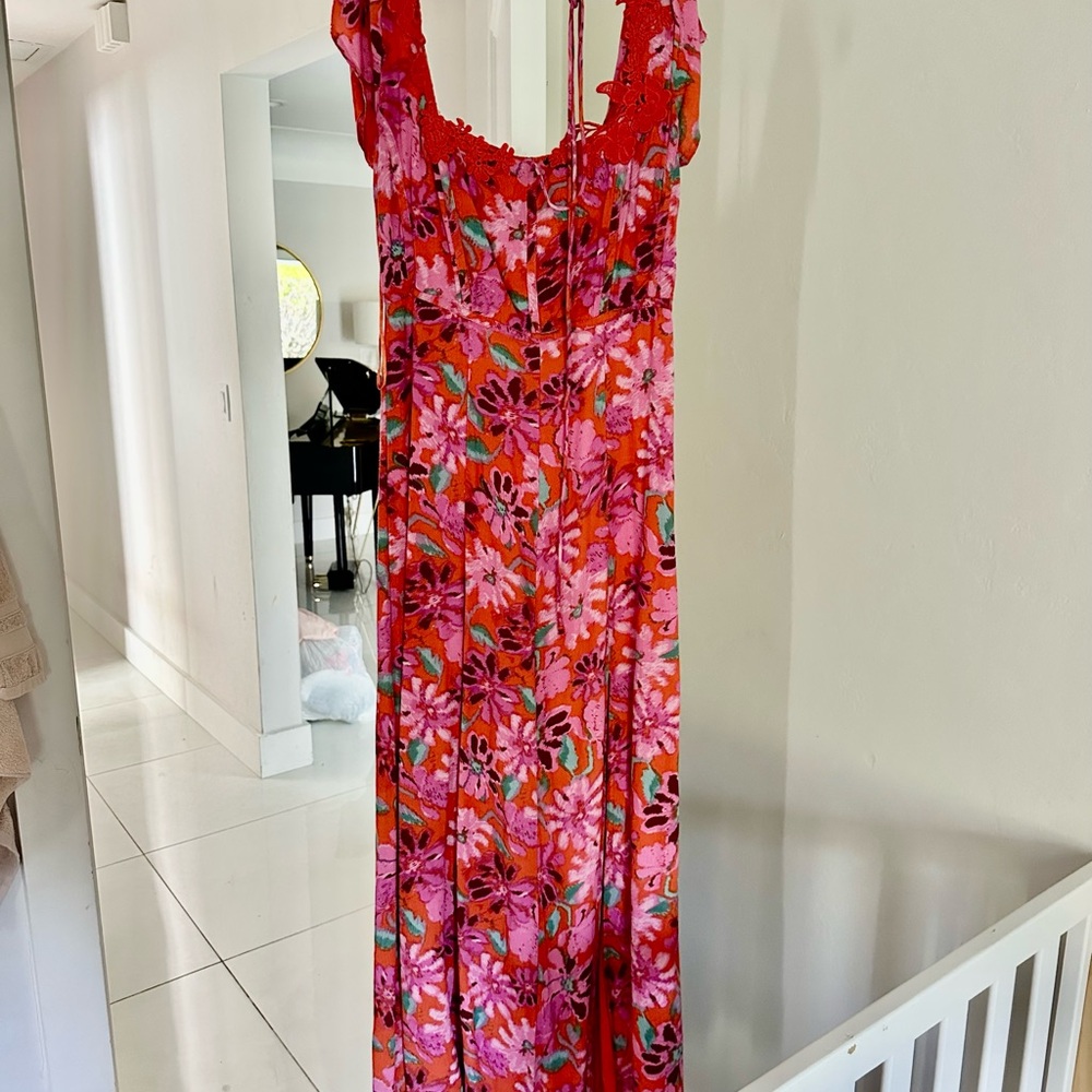 Free People Maxi Dress with Red and Pink Pattern